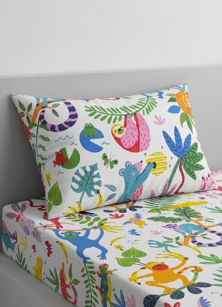 Jungle Themed kids Cotton Bed Sheet + Pillow Cover
