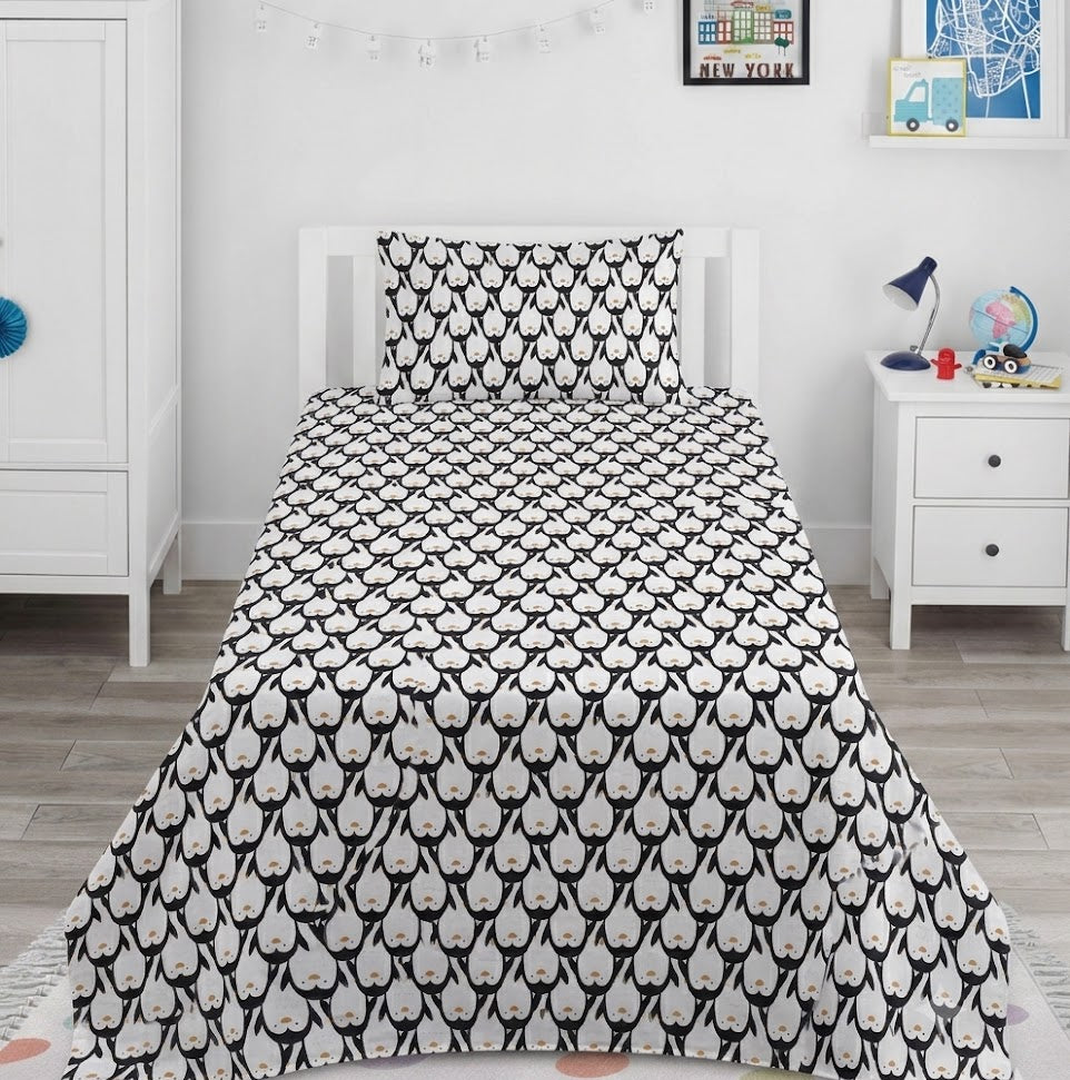 cartoon penguins in black, white Cotton Bed Sheet