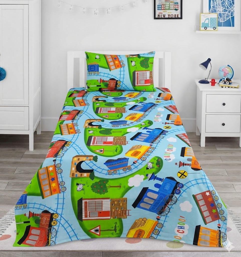 Train Themed Kids Cotton Bed Sheet