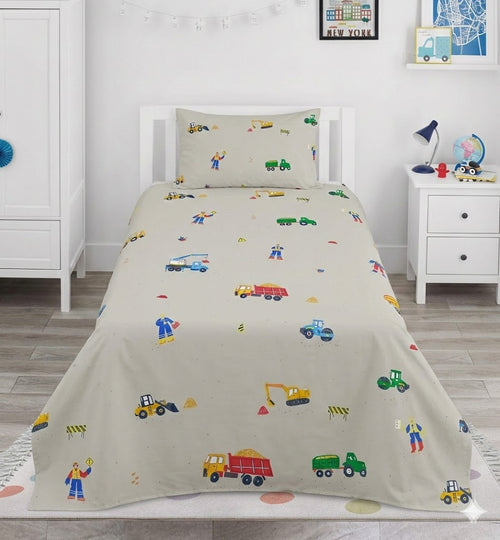 construction site themed kids Cotton Bed Sheet