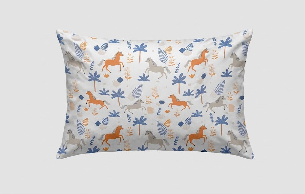 Bright Orange Horse Blue Foliage Themed kids Cotton Bed Sheet
