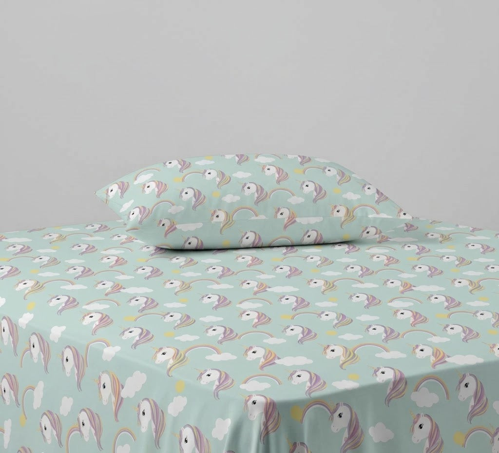 Unicorn, Rainbows and Clouds Themed kids Cotton Bed Sheet
