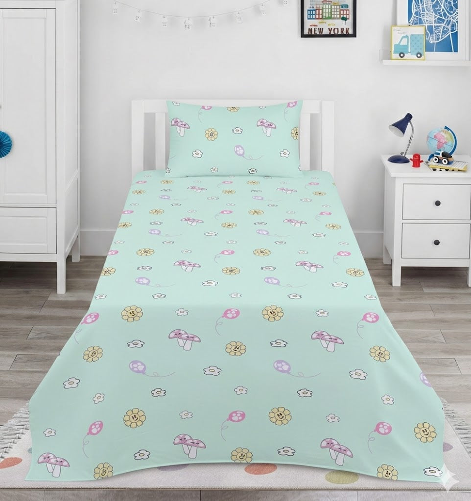 Whimsical mushroom and flower Cotton Bed Sheet
