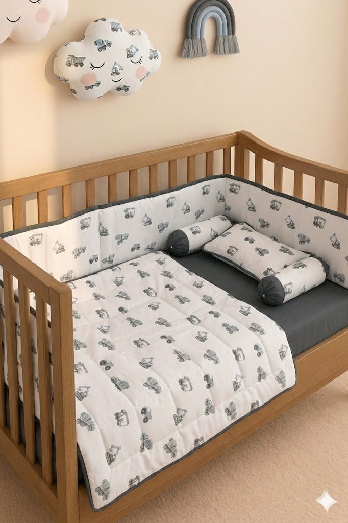 Grey Construction Vehicle Pattern  Baby Cot Set