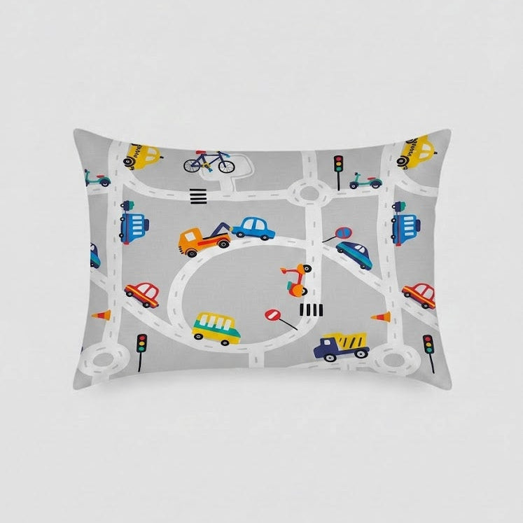 Colorful cartoon vehicles and road signs kids Cotton Bed Sheet