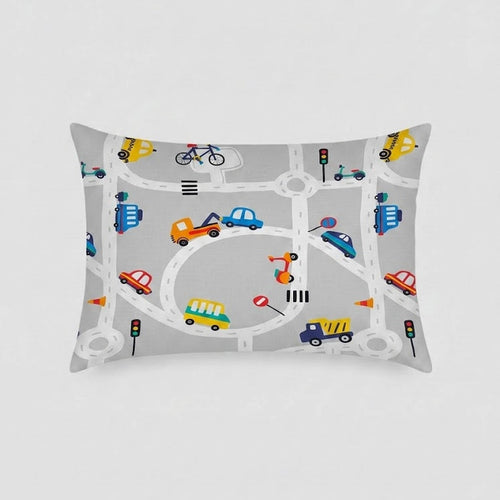 Colorful cartoon vehicles and road signs kids Cotton Bed Sheet