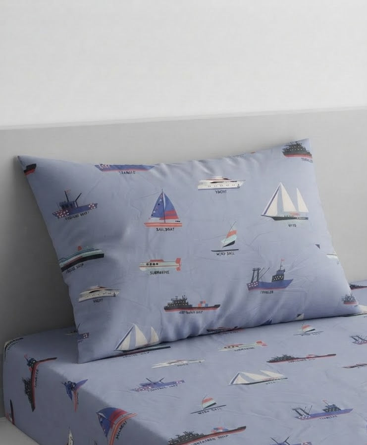 Colorful various ships and boats Themed  kids Cotton Bed Sheet