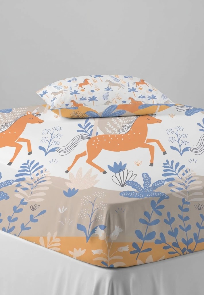 Bright Orange Horse Blue Foliage Themed kids Cotton Bed Sheet
