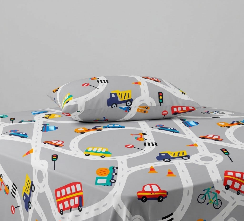 Colorful cartoon vehicles and road signs kids Cotton Bed Sheet