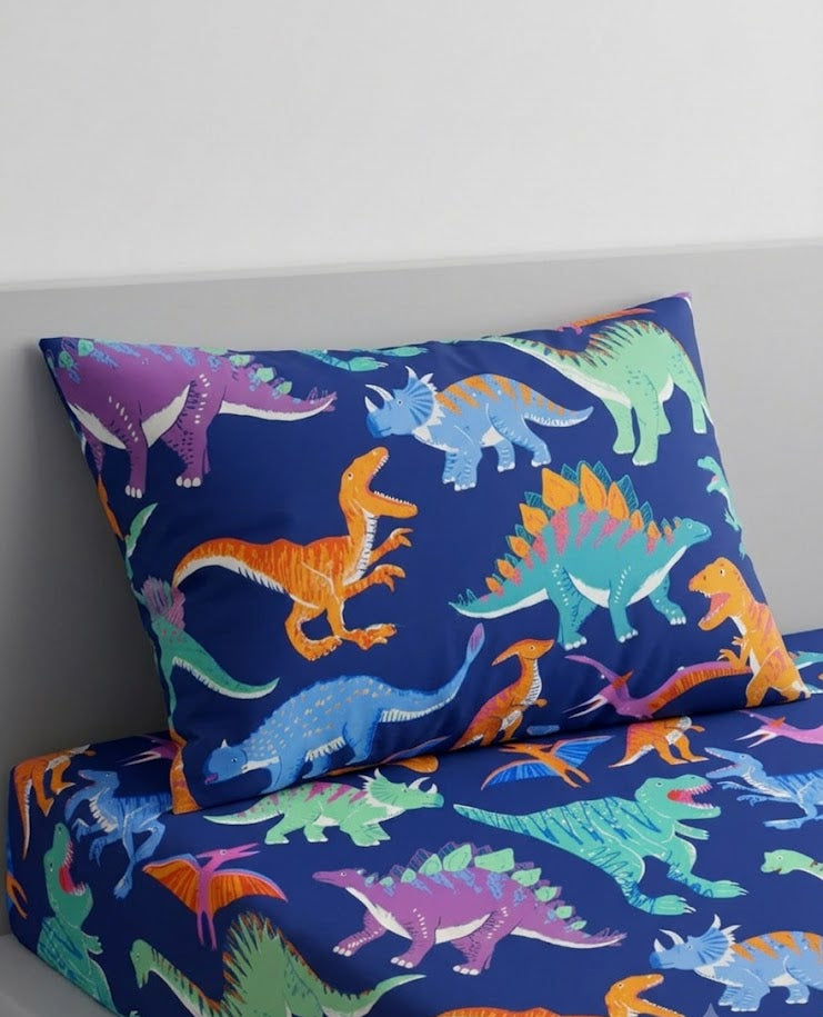 Colorful Cartoon Dinosaurs kids Cotton Bed Sheet + Pillow Cover