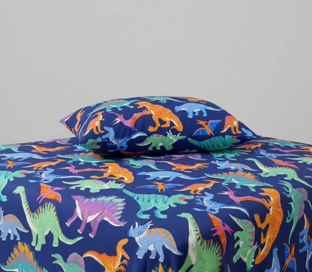 Colorful Cartoon Dinosaurs kids Cotton Bed Sheet + Pillow Cover