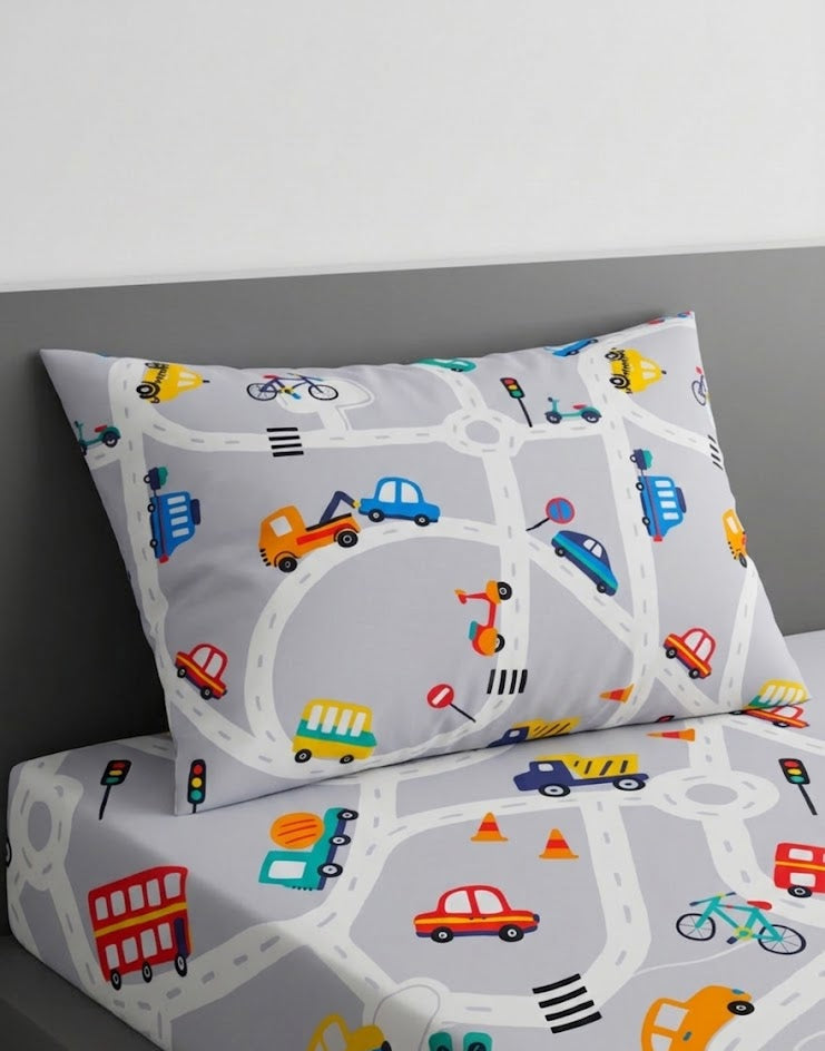 Colorful cartoon vehicles and road signs kids Cotton Bed Sheet