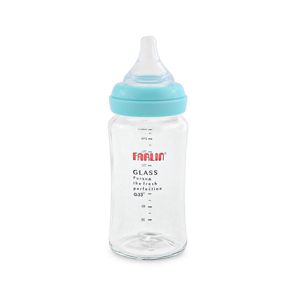 FARLIN WIDE NECK GLASS FEEDER 240ML - BLUE