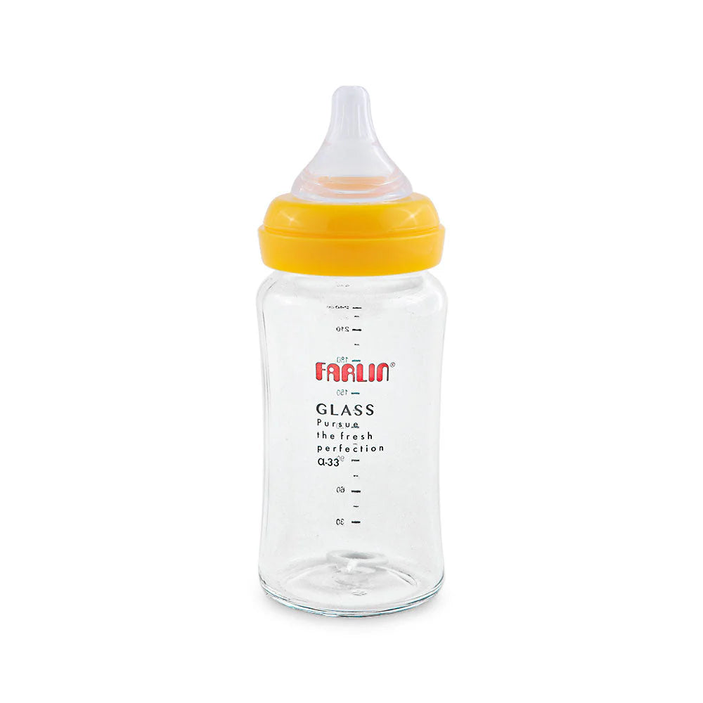 FARLIN WIDE NECK GLASS FEEDER 240ML YELLOW