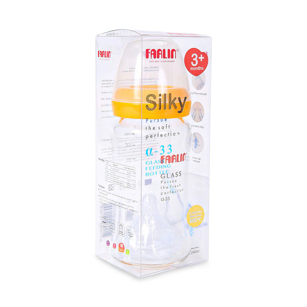 FARLIN WIDE NECK GLASS FEEDER 240ML YELLOW