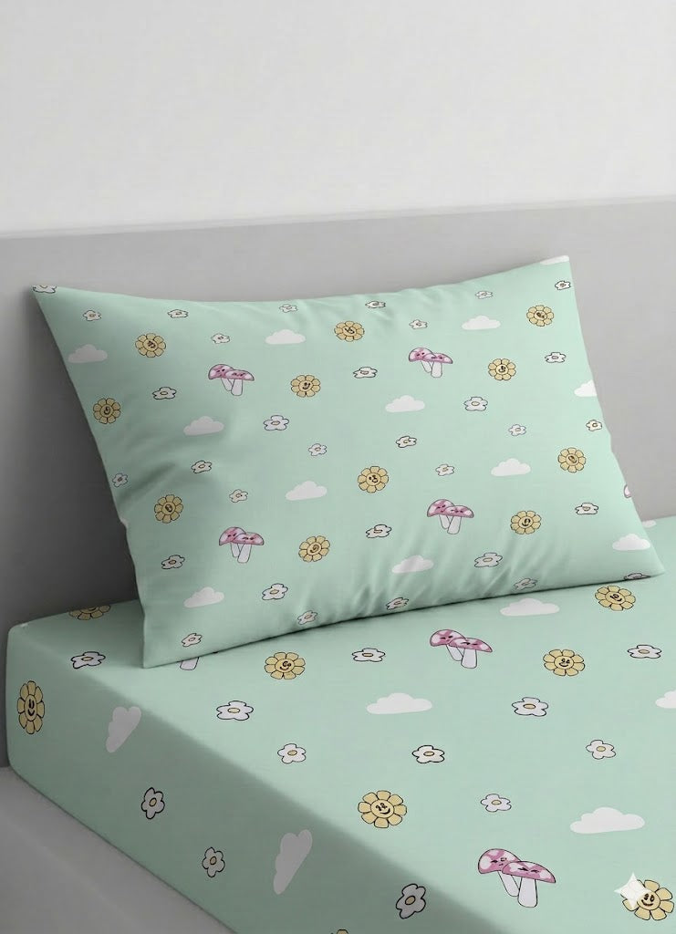 Whimsical mushroom and flower Cotton Bed Sheet