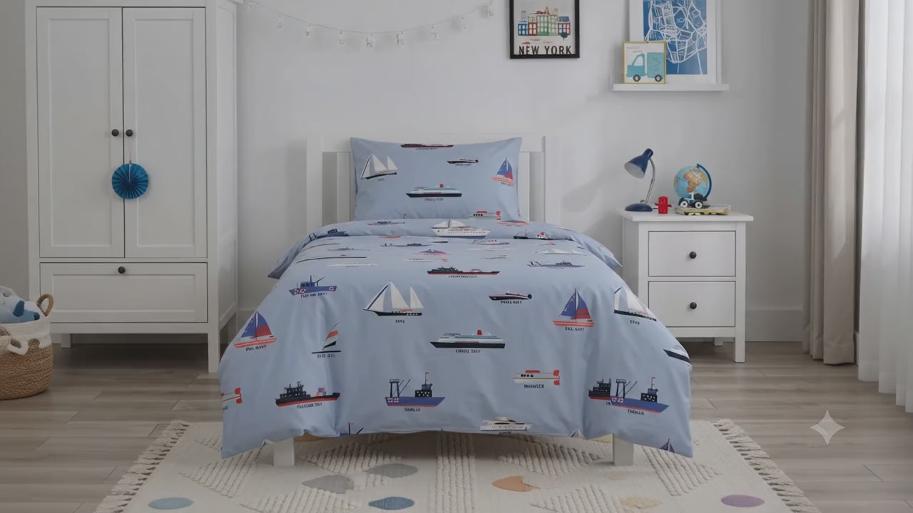 Colorful various ships and boats Themed  kids Cotton Bed Sheet