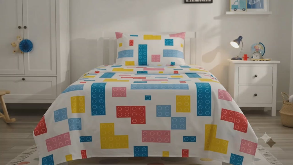Colorful Building Blocks Kids Cotton Bed Sheet + Pillow Cover