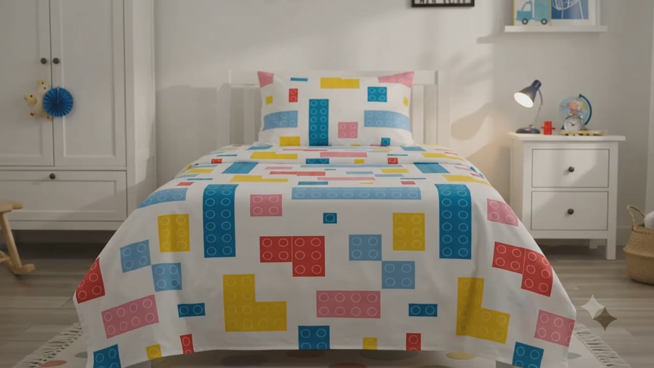 Colorful Building Blocks Kids Cotton Bed Sheet + Pillow Cover