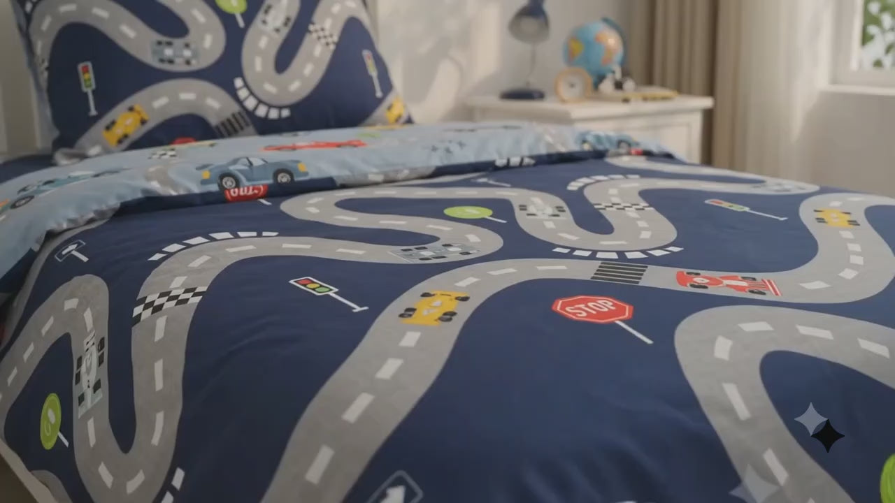 Colorful Cars, and Road Signs kids Cotton Bed Sheet