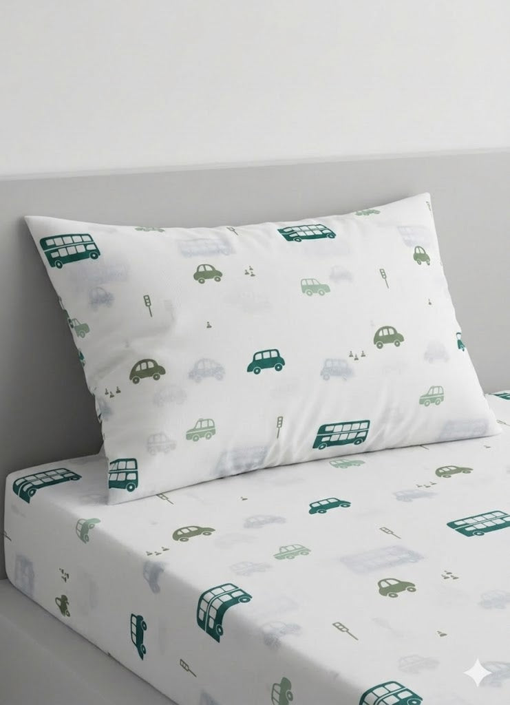 Colorful Cartoon Cars and Buses Cotton Bed Sheet
