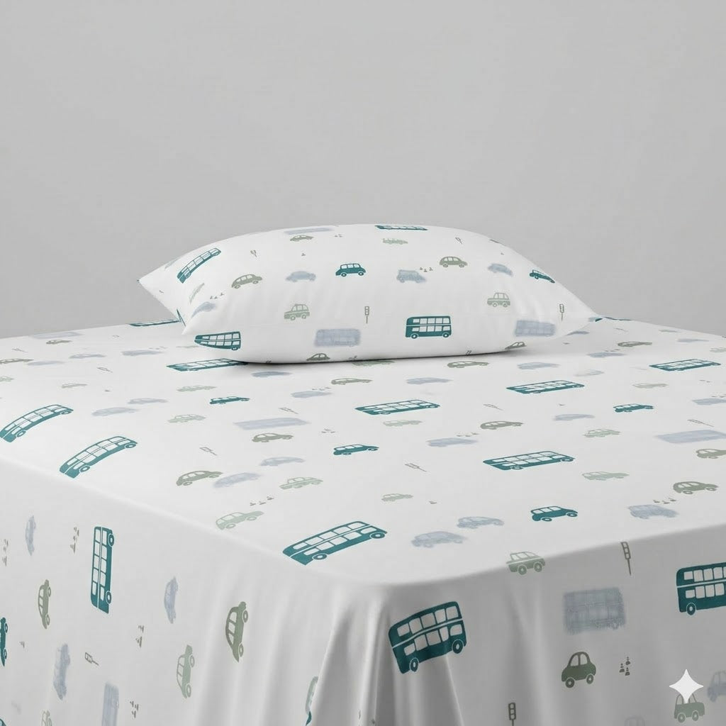 Colorful Cartoon Cars and Buses Cotton Bed Sheet
