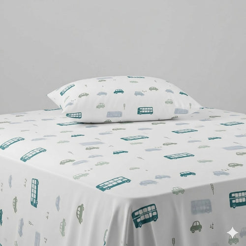 Colorful Cartoon Cars and Buses Cotton Bed Sheet
