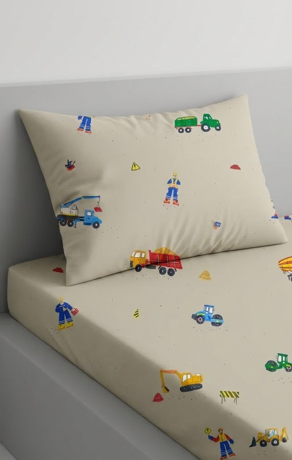 Construction Site Themed kids Cotton Bed Sheet