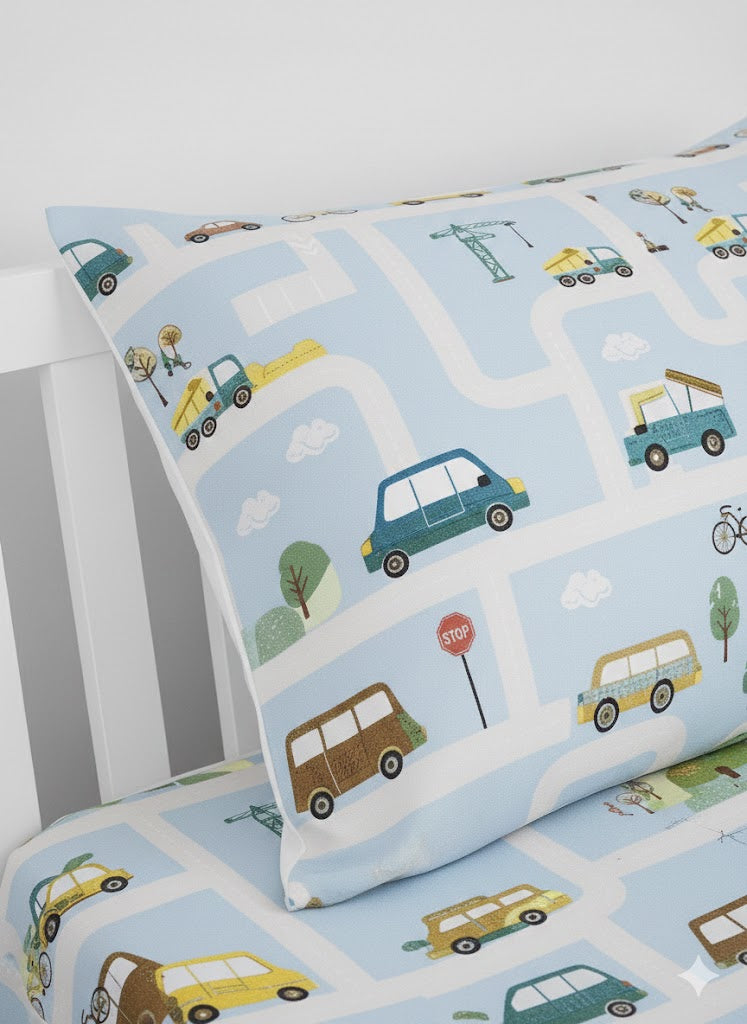 Colorful Cartoon Cars, Bicycles Themed kids Cotton Bed Sheet