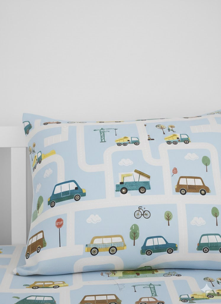Colorful Cartoon Cars, Bicycles Themed kids Cotton Bed Sheet