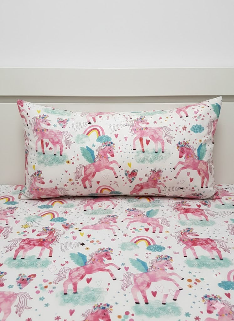 Colorful Unicorn-themed kids Cotton Bed Sheet + Pillow Cover
