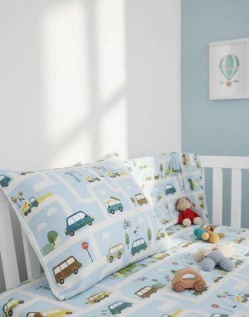 Colorful Cartoon Cars, Bicycles Themed kids Cotton Bed Sheet