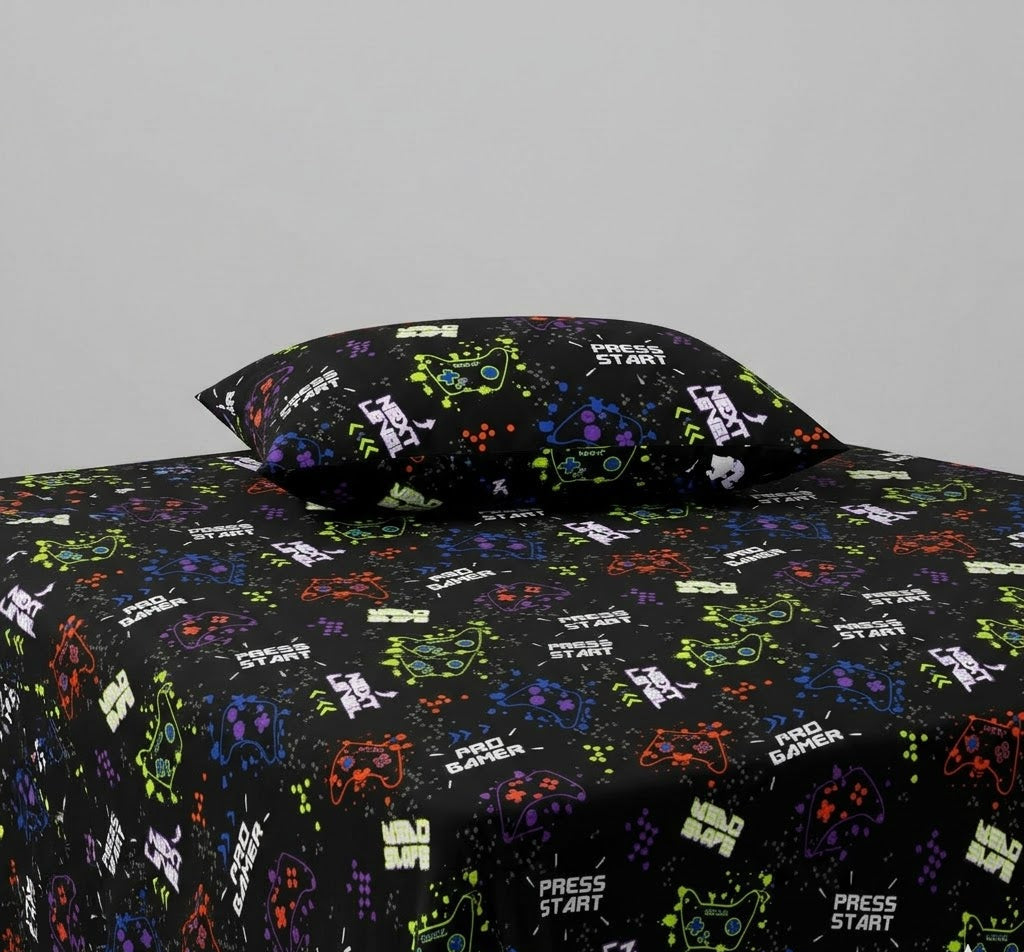 Press Start Game Controllers kids Cotton Bed Sheet