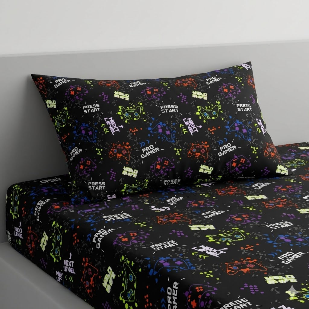 Press Start Game Controllers kids Cotton Bed Sheet
